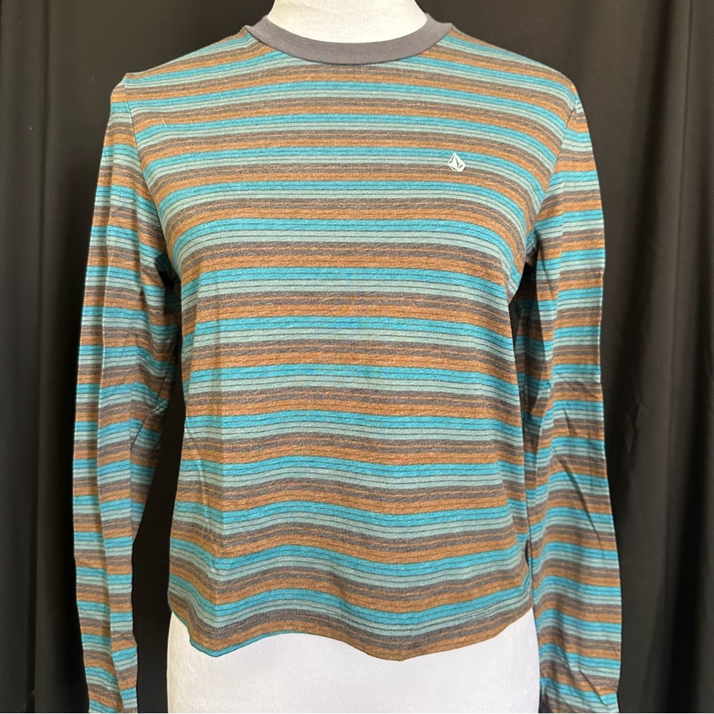 Volcom women’s striped Brown and Blue Crewneck long sleeve tee